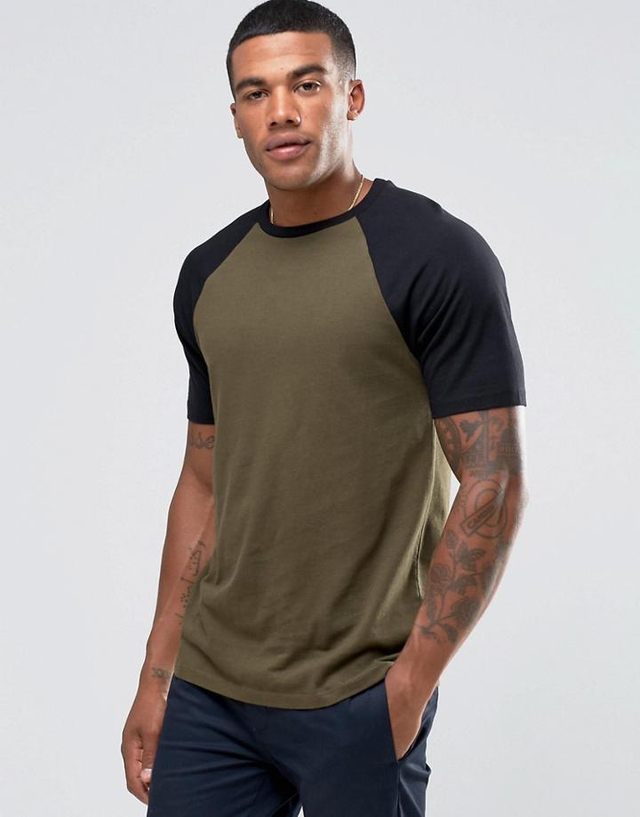 Asos T-shirt With Contrast Raglan Sleeve In Green - Green