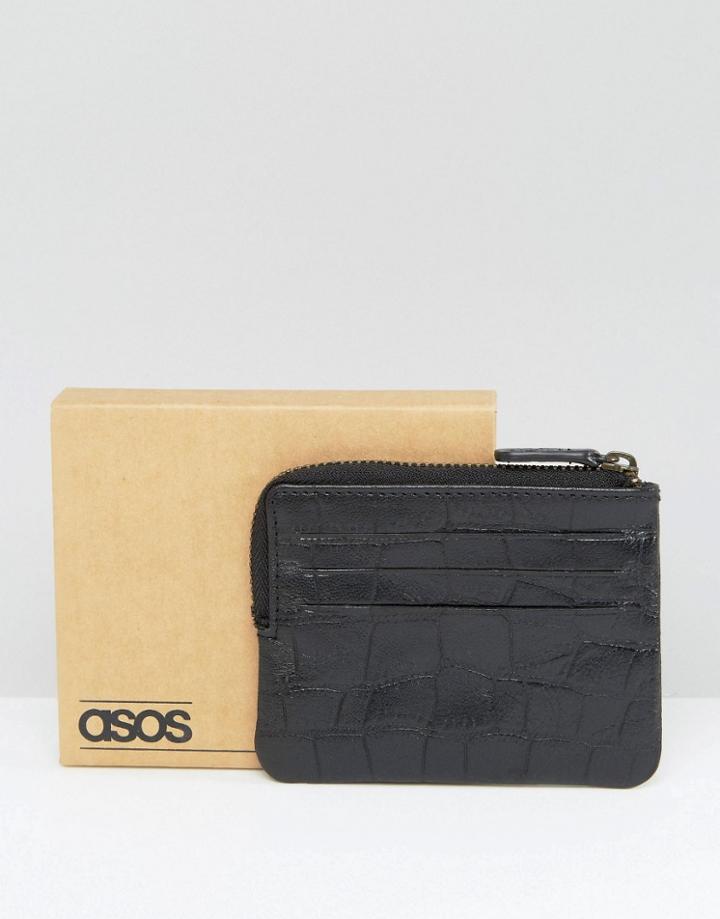 Asos Leather Zip Around Wallet In Crocodile Effect - Black