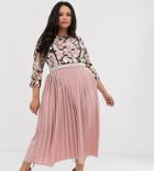Little Mistress Plus Lace Embroidered Top 3/4 Sleeve Midi Dress With Pleated Skirt In Rose - Pink
