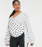 Asos Design Curve Wrap Top With Tie Cuff In Mixed Polka Dot - Multi