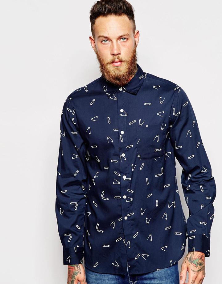 Ymc Shirt With Safety Pin Print - Navy