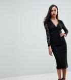 Asos Petite Long Sleeve Lace Midi Pencil Dress - Black