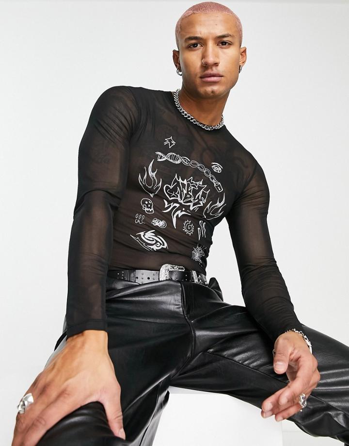 Asos Design Long Sleeve T-shirt In Black Mesh With Graphic Embroidery