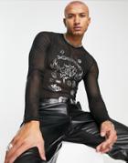Asos Design Long Sleeve T-shirt In Black Mesh With Graphic Embroidery