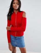 Asos Cardigan With Zip Front And Cold Shoulder - Red