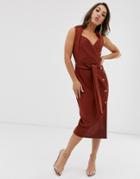 Asos Design Shawl Collar Tie Front Midi Dress With Button Skirt-red