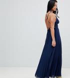 Asos Design Petite Cami Pleated Maxi Dress With Strappy Back - Navy