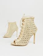 Miss Selfridge Woven Heeled Shoes With Lace Up In Cream - Black