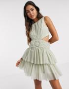 Asos Design Tulle Mini Dress With Embellished Ring In Sage Green-multi