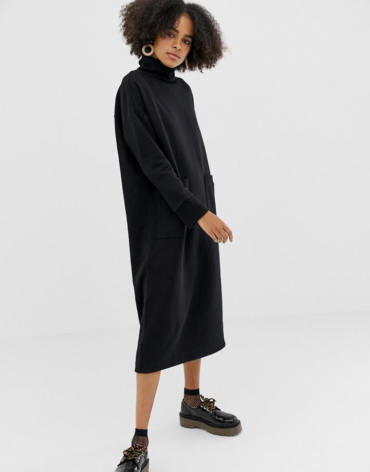 Monki Roll Neck Midi Dress With Oversized Pockets In Black