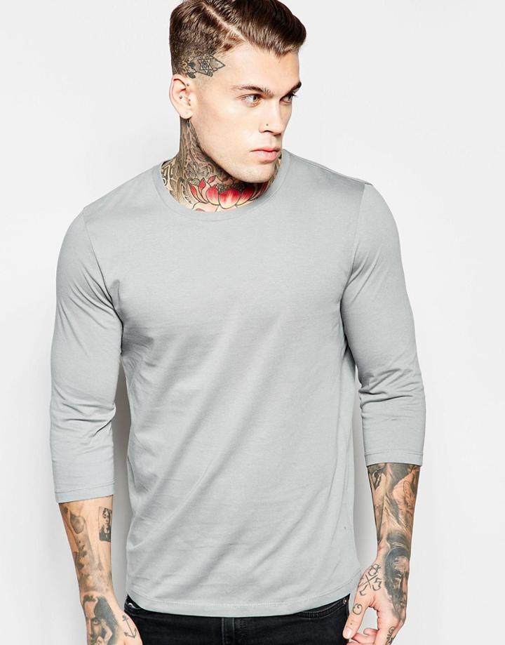 Asos 3/4 Sleeve T-shirt With Crew Neck In Gray - Gray