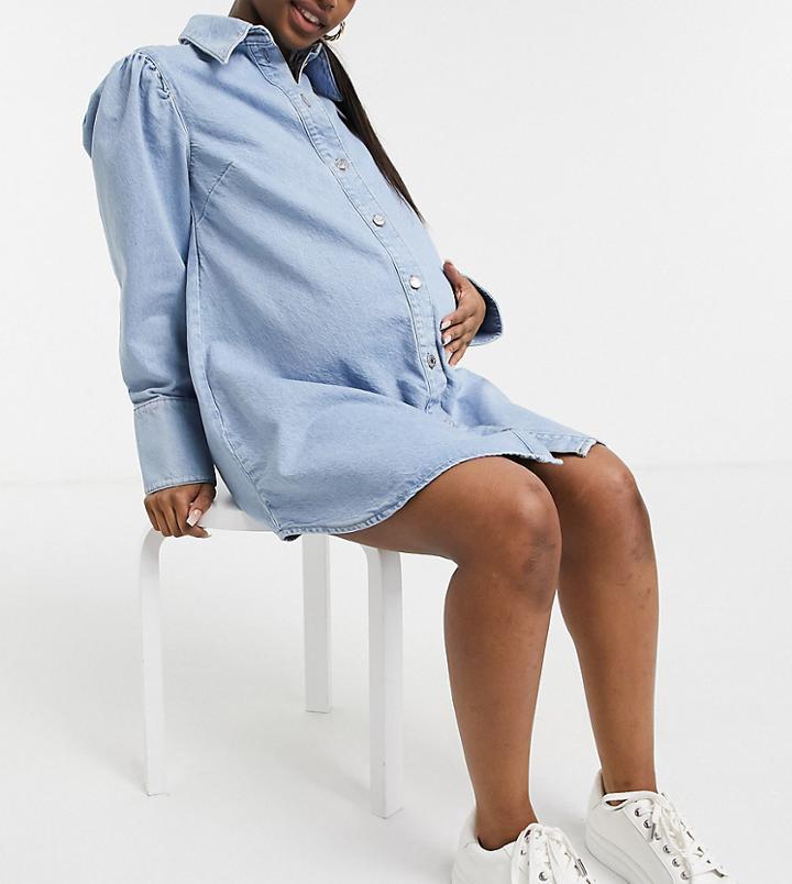 Asos Design Maternity Denim Puff Sleeve Shirt Dress In Midwash-blues