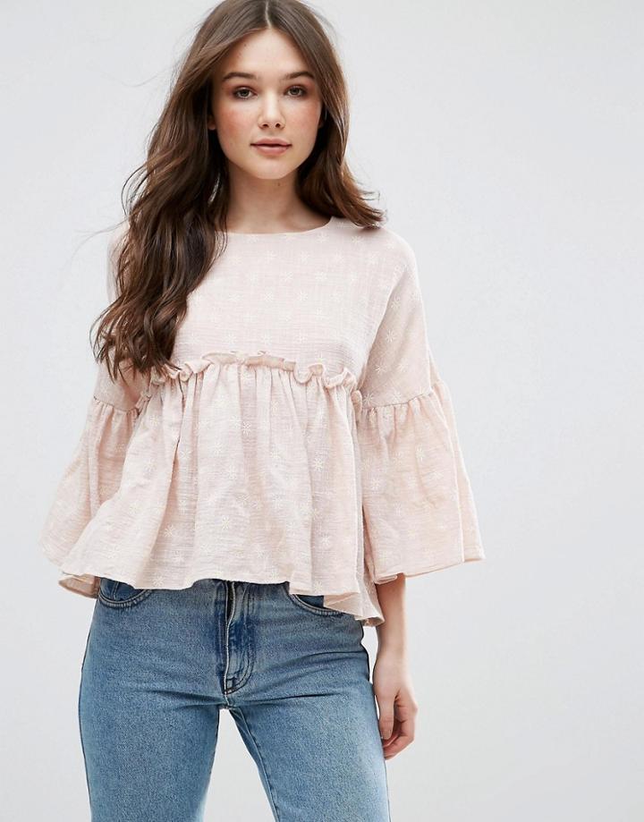 Qed London Polka Frill Sleeve Top - Pink