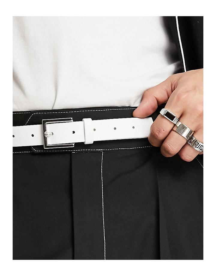 Asos Design Faux Leather Skinny Belt In Ecru-white