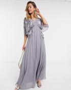 Asos Design Blouson Embroidered Maxi Dress With Cape Back-purple