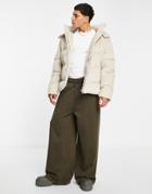 Asos Design Cord Puffer Jacket With Detachable Hood In Beige-neutral