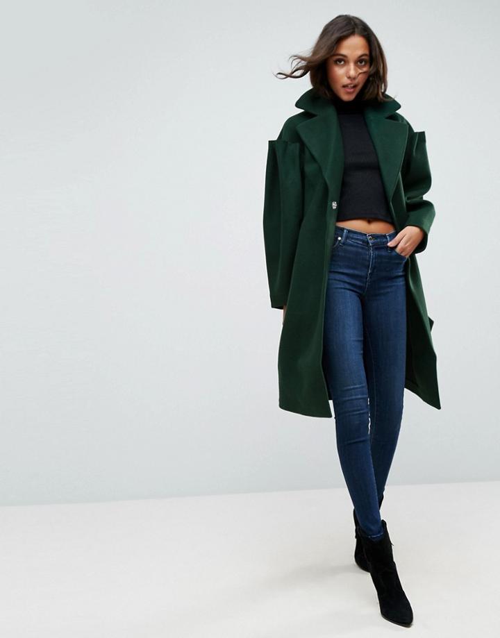Asos Slim Coat With Statement Sleeve - Green
