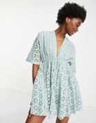 Asos Design V-front & Back Godet Mini Skater Dress In Broderie In Duck Egg-blue