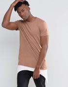 Asos Super Longline T-shirt With Contrast Asymmetric Hem Extender In Tan - Brown