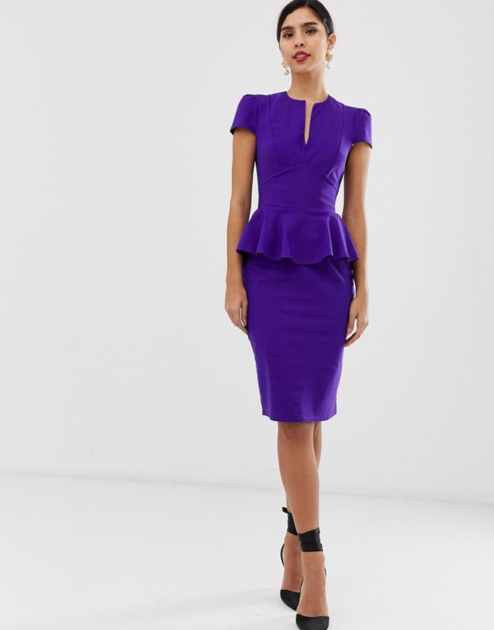 City Goddess Capped Sleeve Midi Dress With Peplum Detail - Purple
