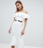 River Island Off The Shoulder Midi Dress With Belt Detail In Ivory - Cream