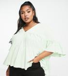 Asos Design Curve Tiered Smock Top With Frill Sleeve In Apple-green