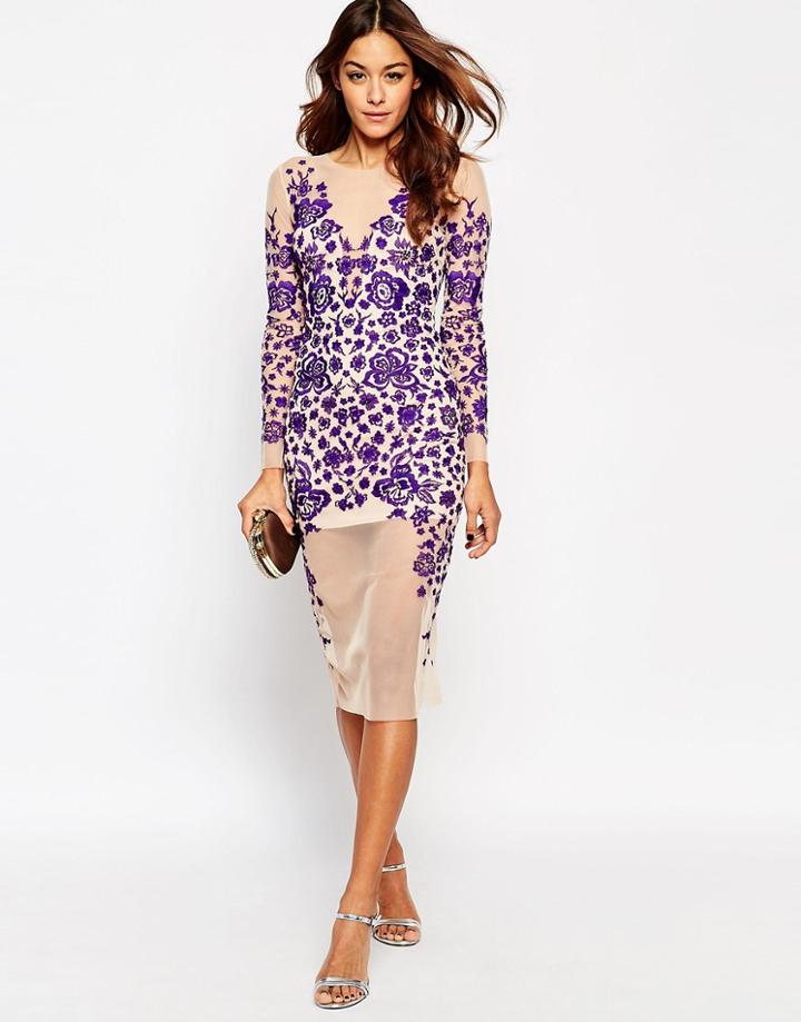 Asos Lace Embroidered Ergonomic Midi Body-conscious Dress - Purple