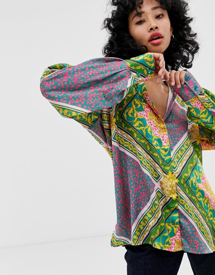 Asos Design Oversized Satin Long Sleeve Shirt In Scarf Print - Multi