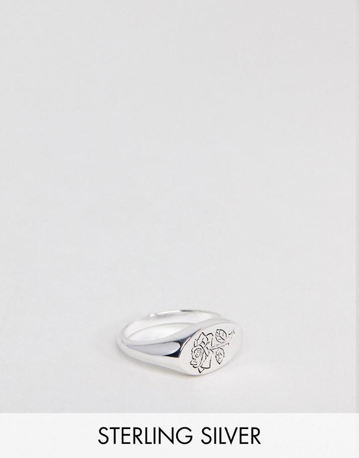 Asos Design Sterling Silver Signet Ring With Rose - Silver