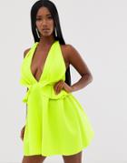 Asos Design Halter Ruffle Waist Mini Skater Dress-yellow