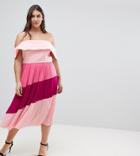 Asos Curve Scuba Bardot Color Block Pleated Midi Dress - Pink