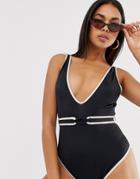 Asos Design Belted Plunge Swimsuit With Metallic Bind-black