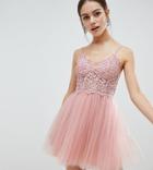 Asos Design Petite Premium Lace Cami Top Tulle Mini Dress - Pink