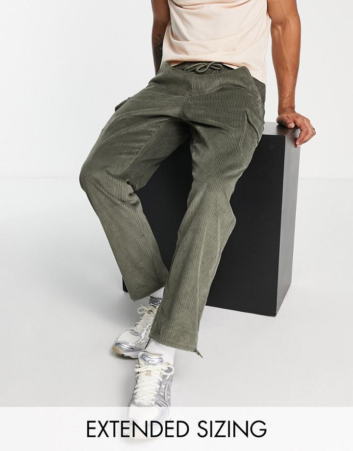 Asos Design Skater Fit Cargo Pants In Corduroy In Khaki-green