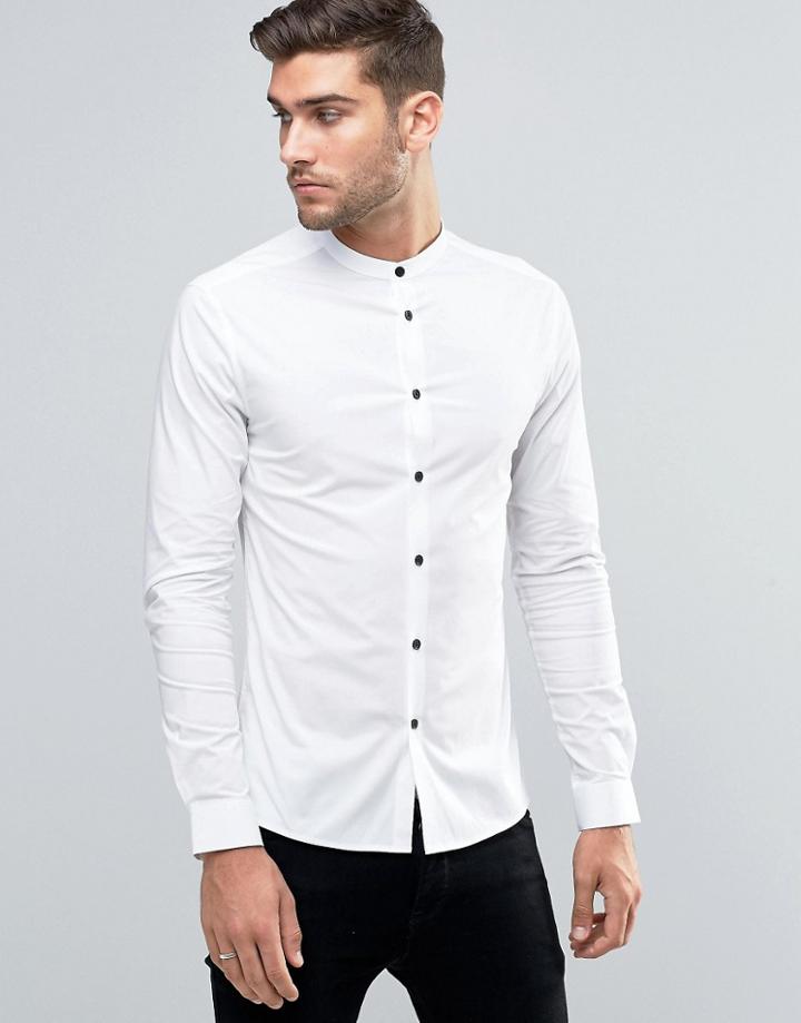 Asos Skinny Shirt In White With Grandad Collar And Contrast Buttons - White