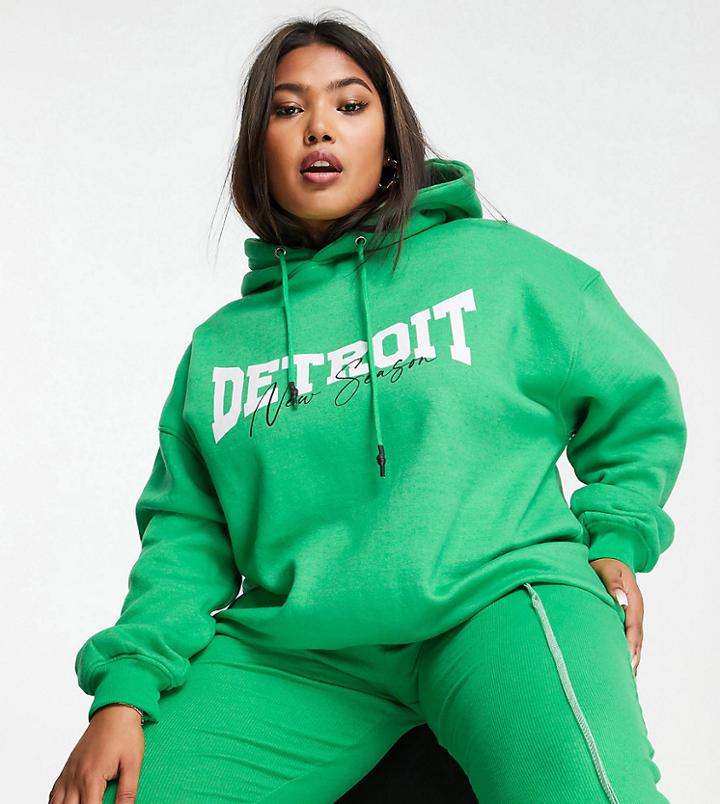 Public Desire Curve Detroit Logo Oversized Hoodie Sweatshirt In Green