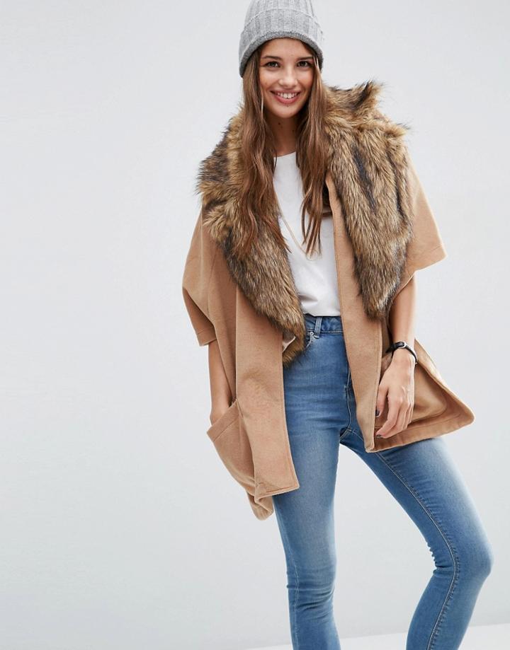 Asos Cape With Faux Fur Lapel Collar - Brown