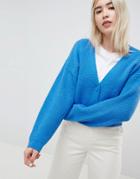 Asos Design Eco Cropped Cardigan In Fluffy Yarn With Buttons - Blue