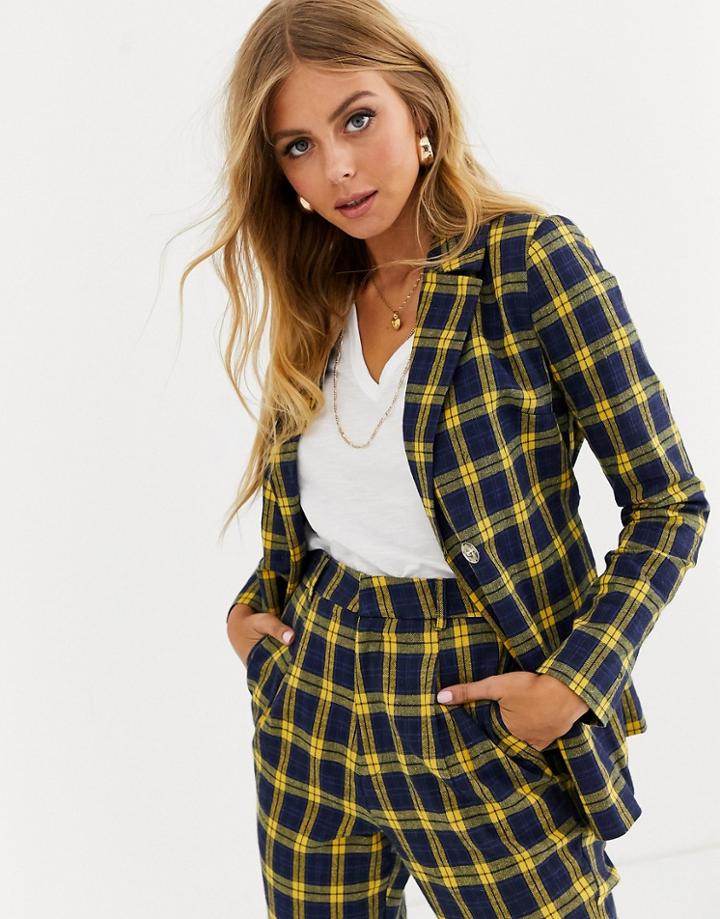 Heartbreak Belted Blazer In Navy And Yellow Check