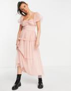 Miss Selfridge Twist Front Tulle Bardot Tiered Midi Dress In Blush-pink