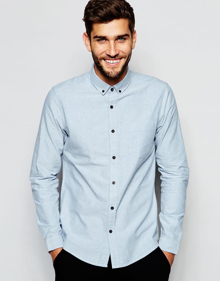 Asos Oxford Shirt In Blue With Contrast Buttons And Long Sleeves - Blue