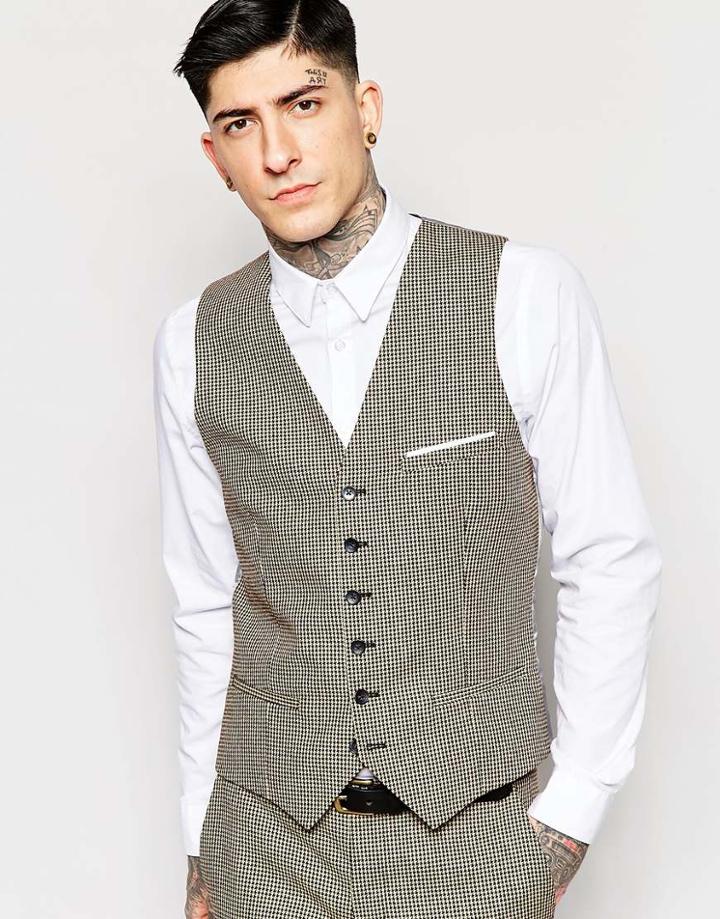 Heart & Dagger Houndstooth Vest In Super Skinny Fit - Brown