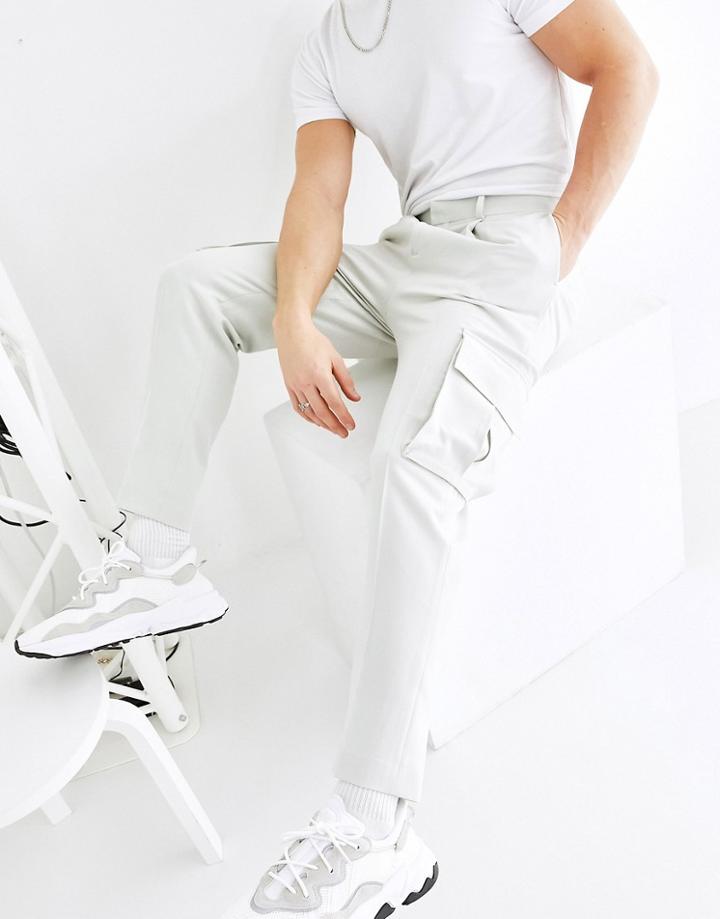 Asos Design Tapered Smart Pants With Cargo Pockets In Light Gray-grey