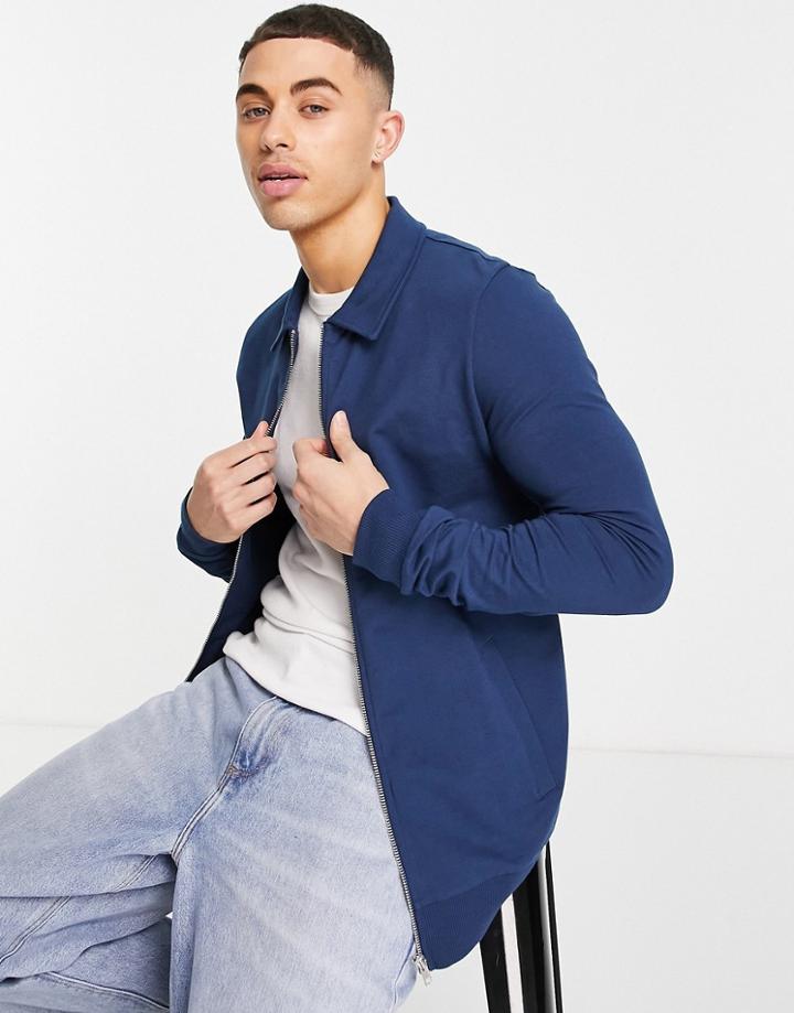 Asos Design Muscle Harrington Jersey Jacket In Navy-blues