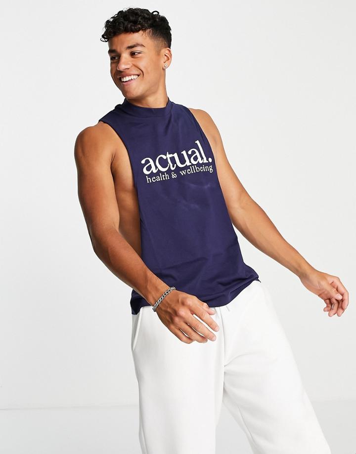 Asos Actual Relaxed Tank In Navy With Wellness Logo Chest Print