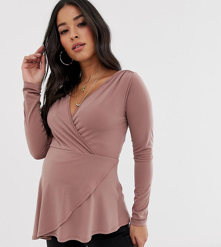 Asos Design Maternity Wrap Top In Crepe With Asymmetric Hem - Pink