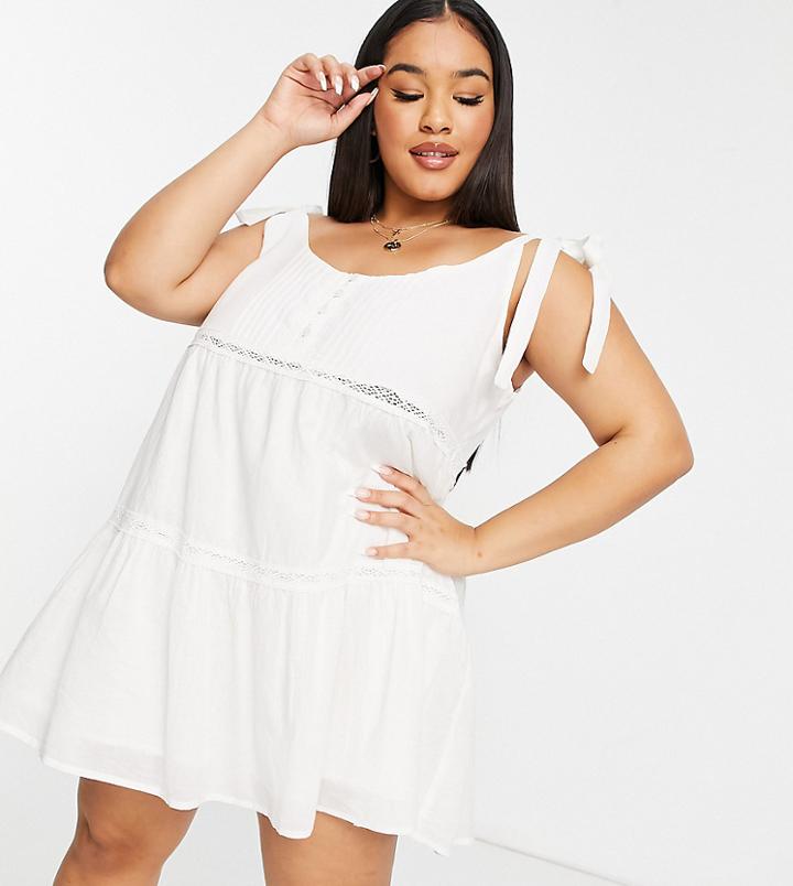 Asos Design Curve Tie Shoulder Lace Insert Smock Mini Sundress In White