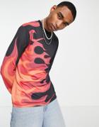 Asos Design Relaxed Long Sleeve T-shirt In Black With Flame Print