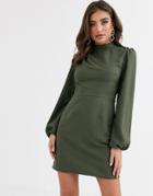 Asos Design High Neck Mini Dress With Long Sleeves In Khaki-green