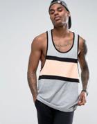 Asos Extreme Racer Back Tank With Neon Orange Cut And Sew Panel - Gray